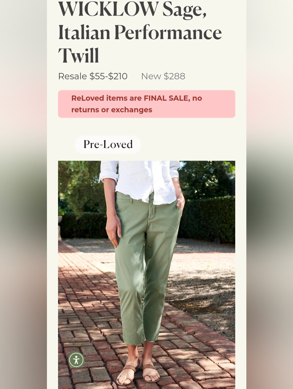 Frank & Eileen Wicklow Italian Chino Pants In Sage Green - Size 6